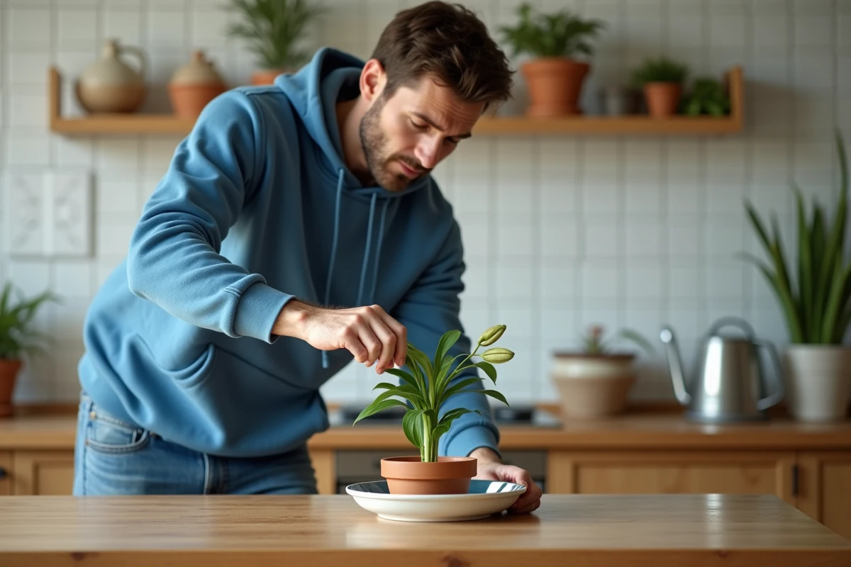 Jeune homme arrosant un lilas dans la cuisine