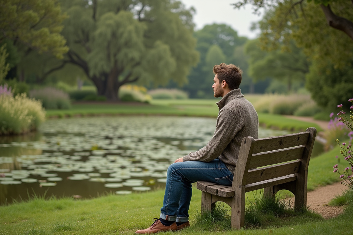 Jeune homme assis dans un jardin paysager anglais