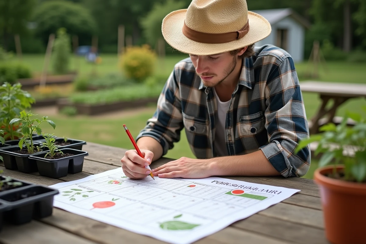 Jeune homme avec guide de tomates dans le jardin