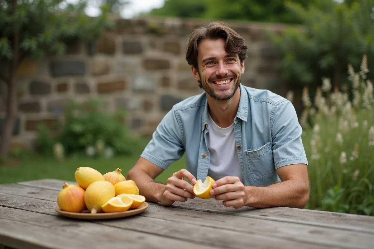 Jeune homme dégustant un fruit ceriman en extérieur