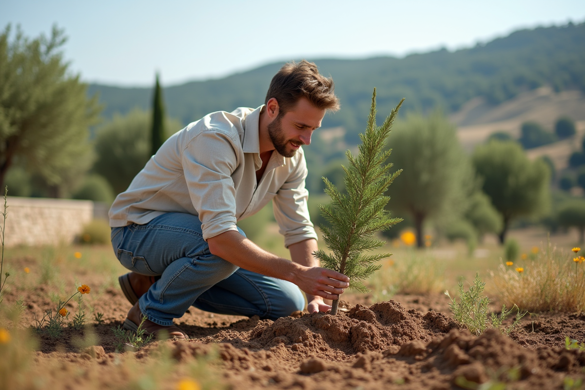Jeune homme plantant un cypres dans un paysage rural