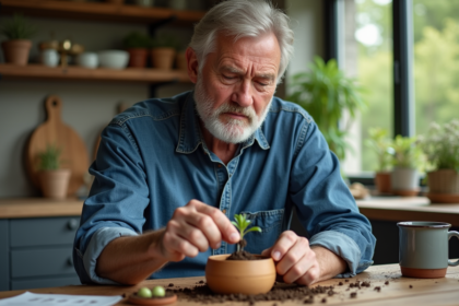 Homme en chemise en denim plantant une graine ancienne dans un pot