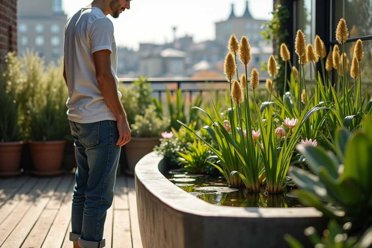 Jeune homme près d’un bassin avec plantes aquatiques en ville