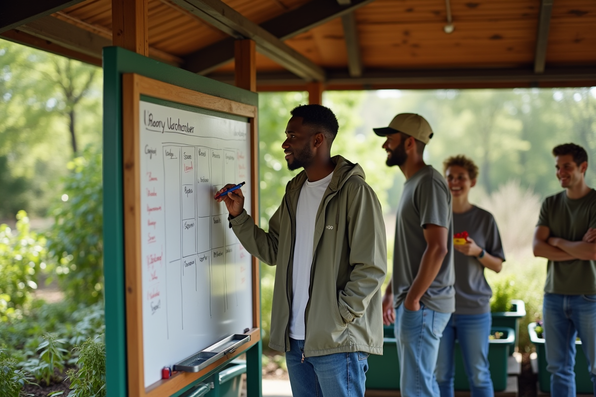 Jeune homme modifiant un planning dans un abri de jardin