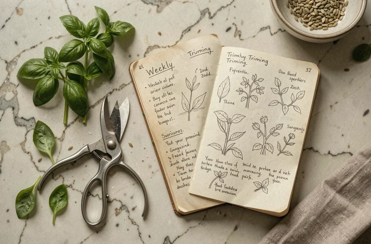 Vue du dessus d'un journal de taille hebdomadaire du basilic avec des ciseaux et des feuilles fraîches sur un plan de travail en marbre