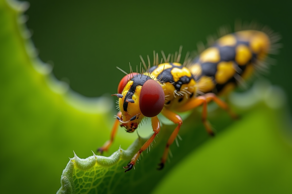 Une larve de syrphide mangeant des aphides sur une feuille