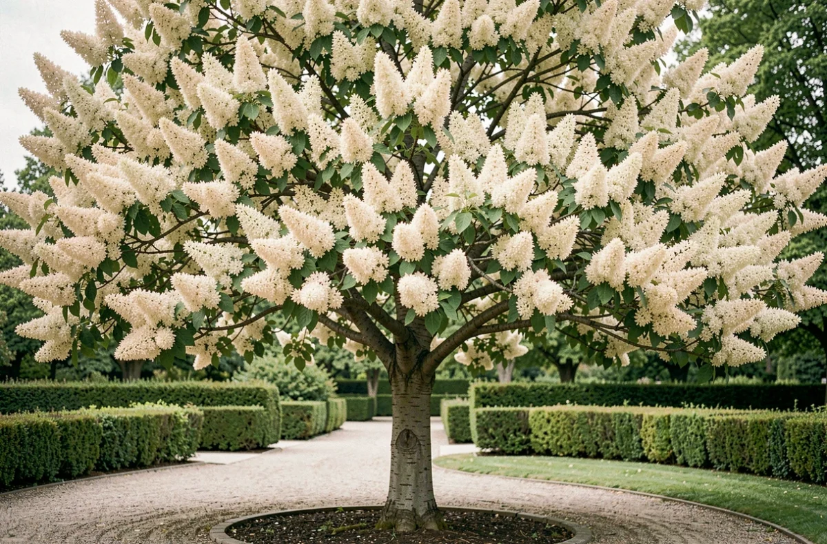 Lilas du Japon en pleine floraison dans un jardin paysager avec allée en gravier et buis taillés