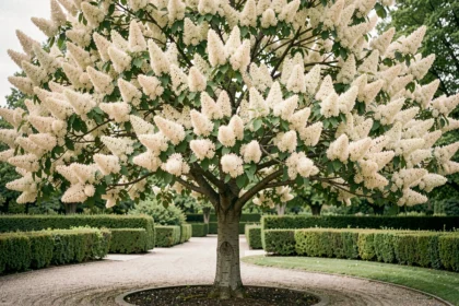Lilas du Japon en pleine floraison dans un jardin paysager avec allée en gravier et buis taillés