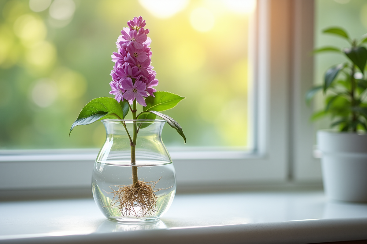 Lilas en eau claire avec racines visibles sur un rebord de fenêtre