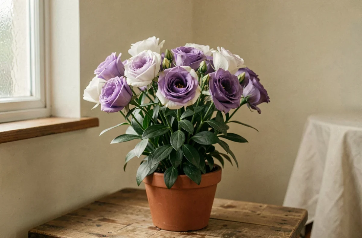 Plant de lisianthus en fleurs aux pétales violets et blancs dans un pot en terre cuite sur une table en bois rustique, idéal pour les débutants en jardinage