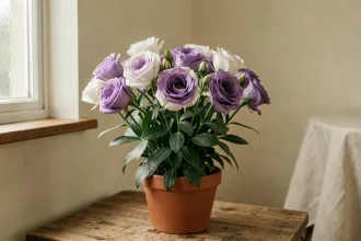 Plant de lisianthus en fleurs aux pétales violets et blancs dans un pot en terre cuite sur une table en bois rustique, idéal pour les débutants en jardinage
