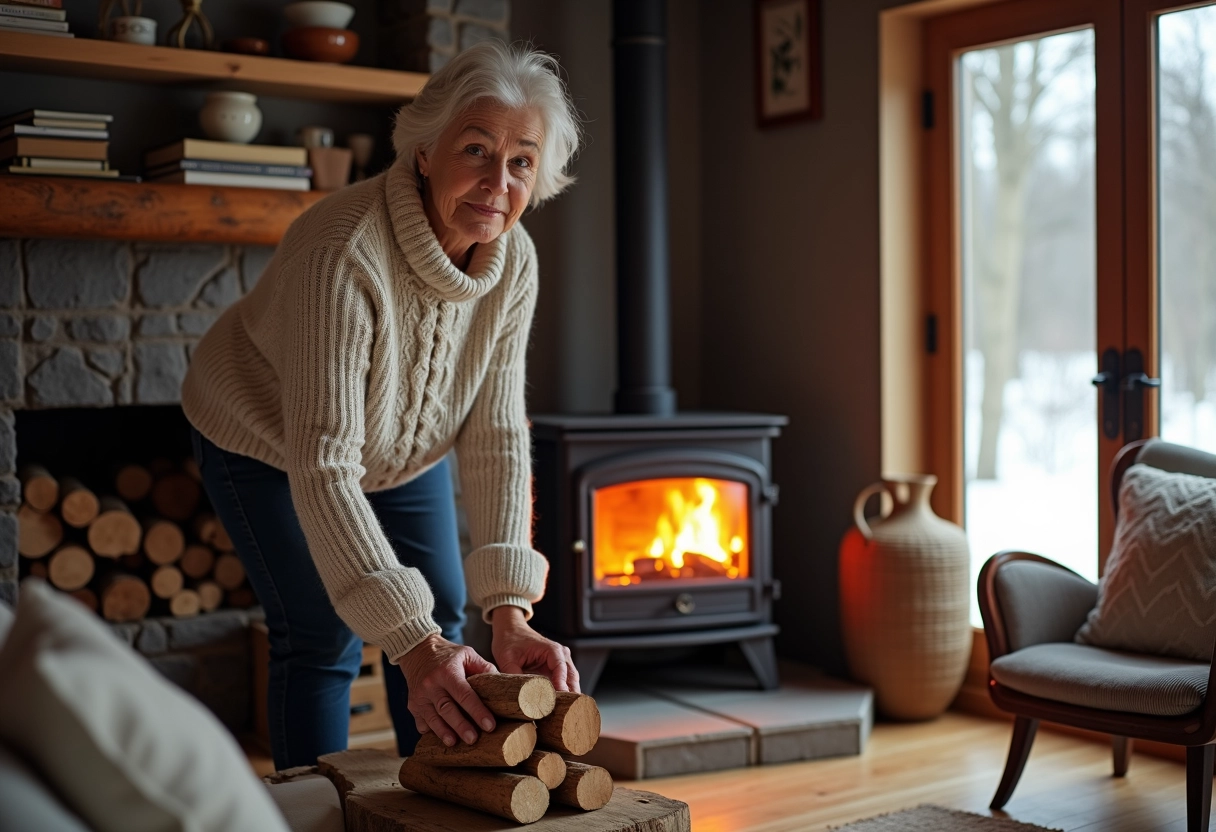 Femme chargant du bois dans un poêle à bois intérieur chaleureux