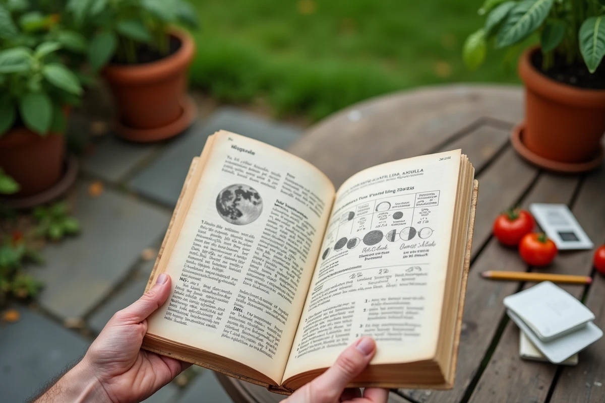Mains tenant un guide illustré du jardinage lunaire 2026 avec diagrammes de phases de lune et tableau de plantation mensuel dans un jardin potager