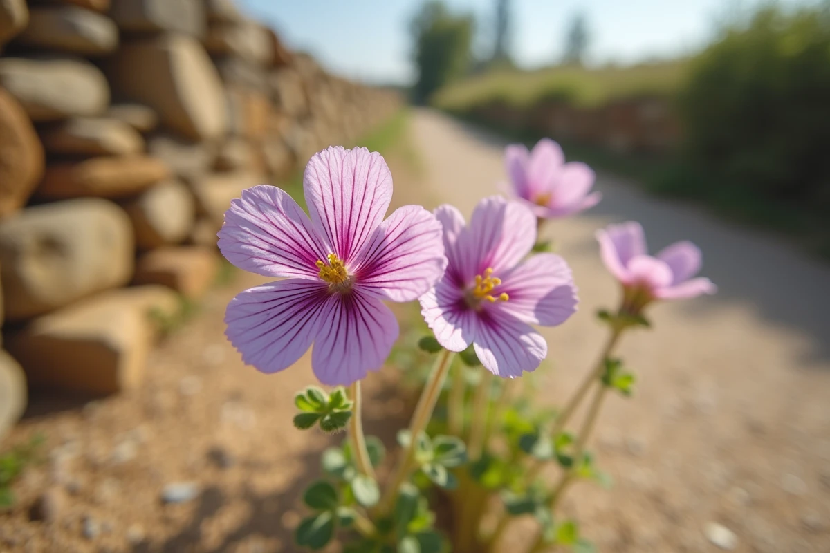 Fleurs de mauve sauvage aux pétales mauves veinés de violet en bord de chemin champêtre