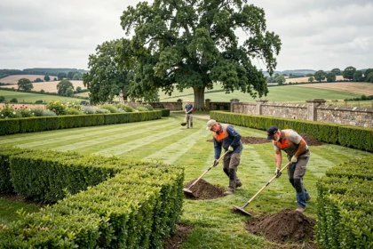 Équipe de paysagistes professionnels travaillant dans un parc verdoyant en Nouvelle-Aquitaine