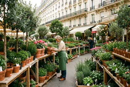 Vue d'ensemble d'une pépinière parisienne avec des plantes et arbustes exposés le long d'un boulevard haussmannien