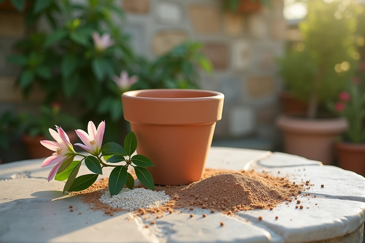 Préparation d'un pot avec membrane anti-racines et substrat pour contrôler le développement des racines d'un laurier rose
