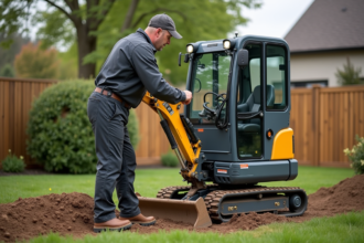 Ouvrier avec mini excavateur dans un jardin résidentiel