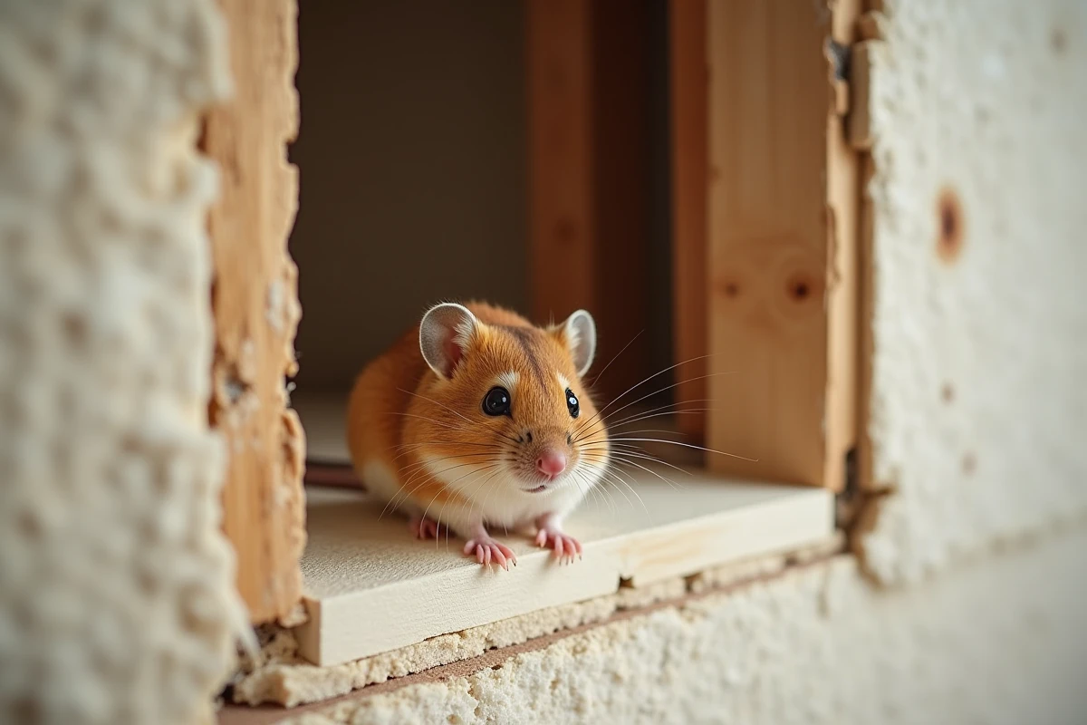 Muscardin ou lérot posé sur un panneau isolant en polystyrène dans une cavité murale