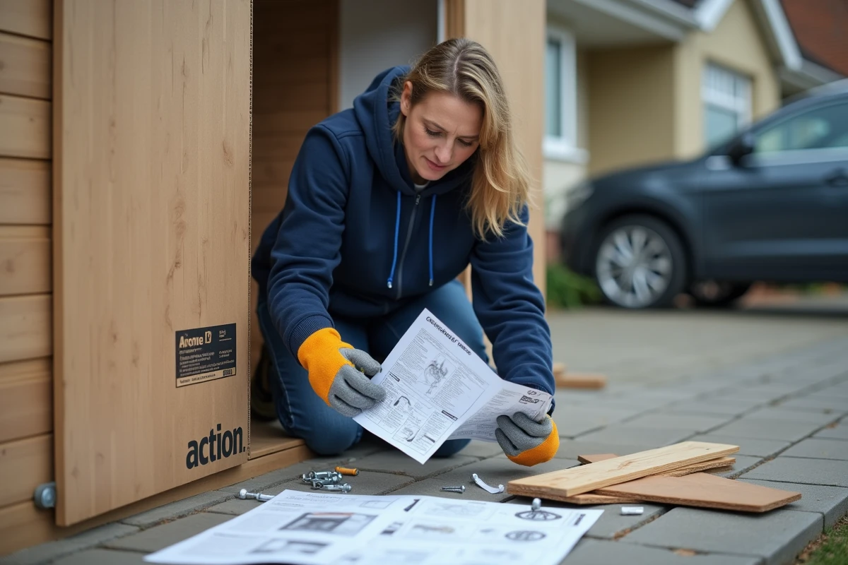 Femme consultant la notice de montage d'un cabanon en kit acheté chez Action avec pièces éparpillées sur l'allée