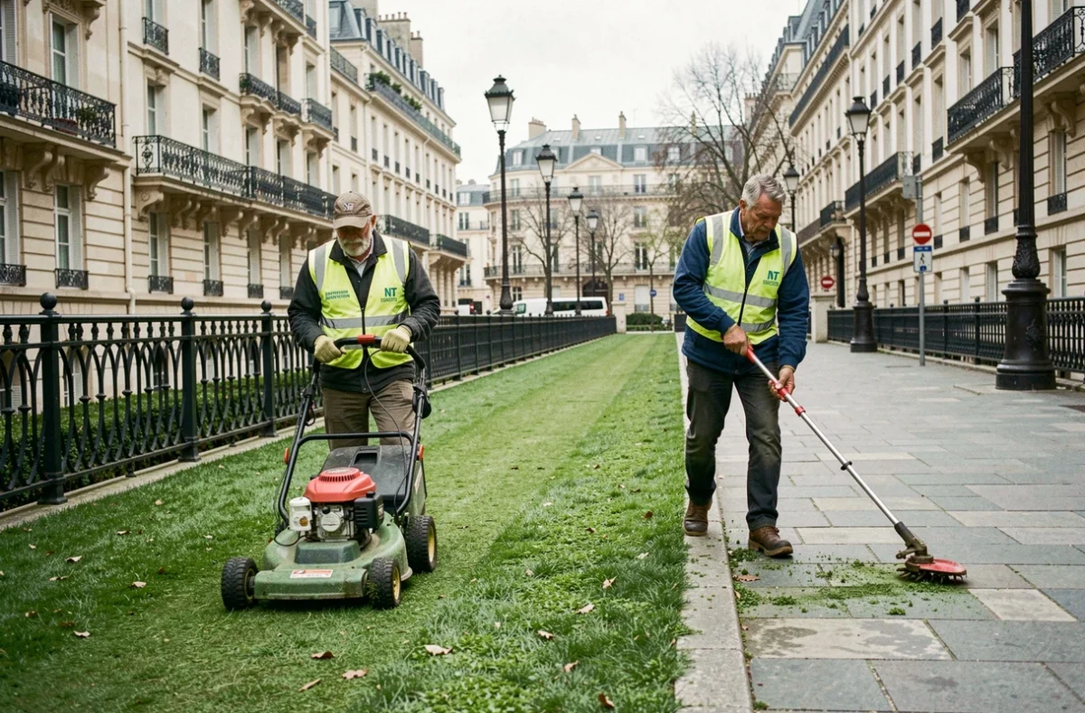 Équipe de NT Entretien Espaces Verts entretenant un espace vert public parisien avec des équipements professionnels