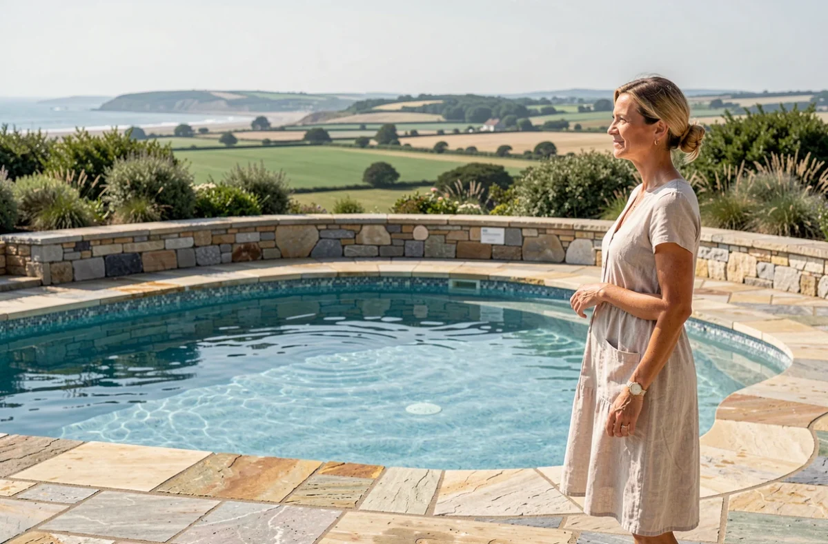 Piscine luxueuse réalisée par Océazur Piscines à Guérande avec margelles en pierre bretonne et végétation côtière