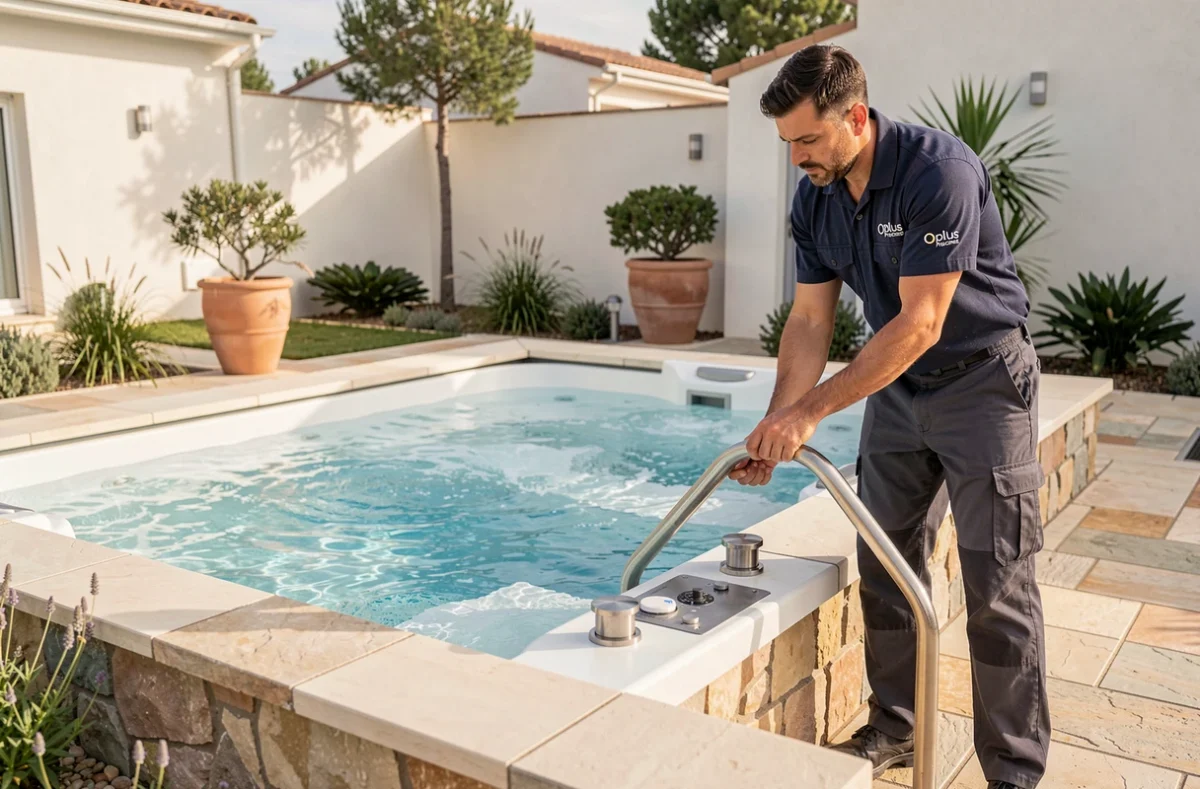 Piscine à débordement et spa premium réalisés par Oplus Piscines à La Baule-Escoublac