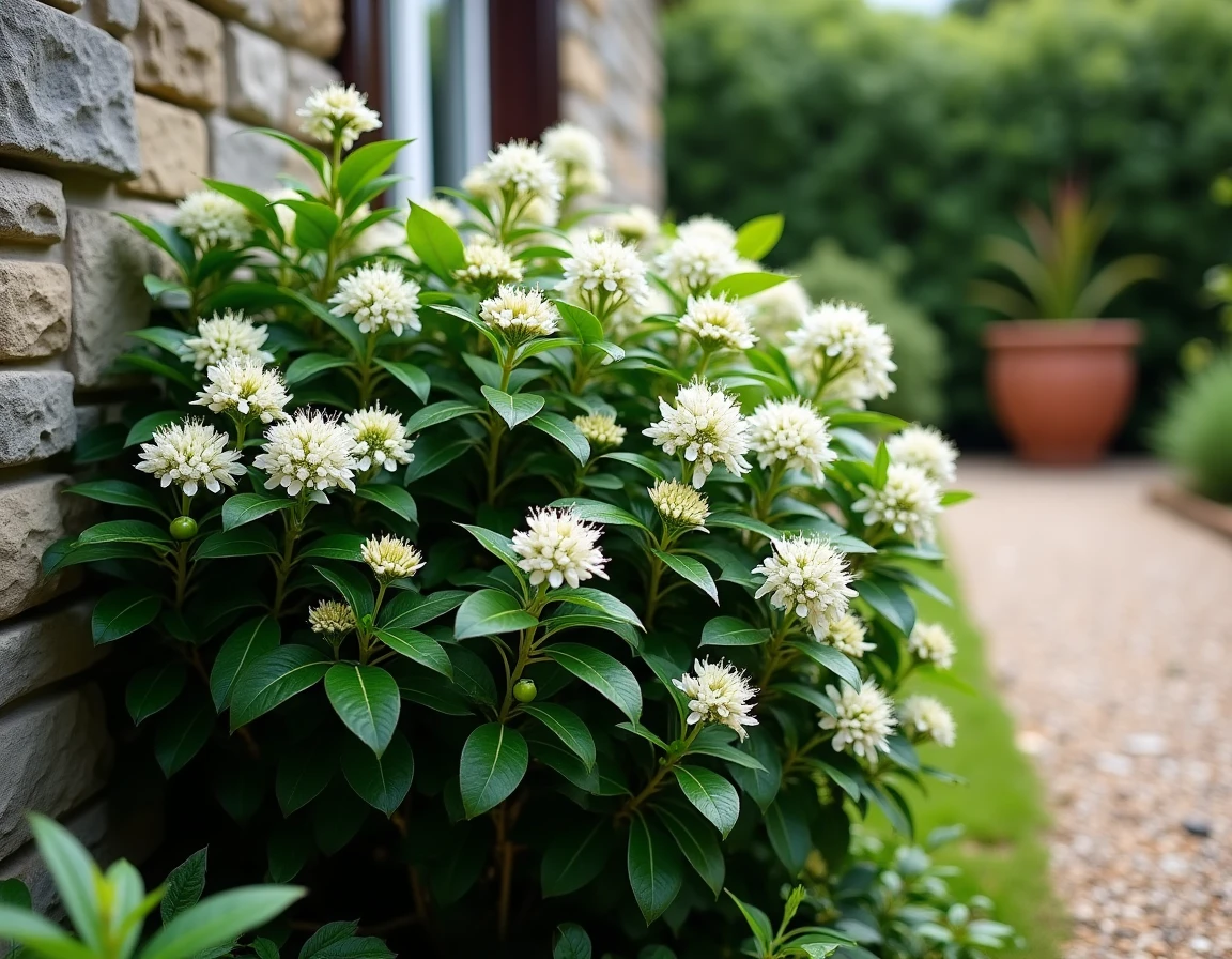 Arbuste oranger du Mexique en fleurs avec fruits verts dans un jardin abrité contre un mur en pierre