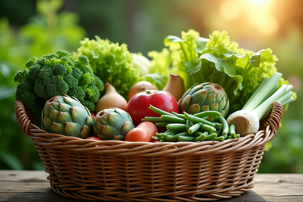 Panier en osier rempli de légumes de juin dans un jardin