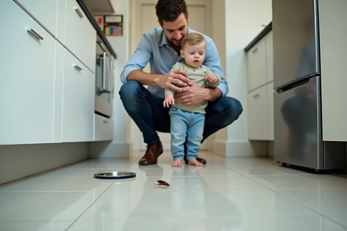 Père et enfant découvrent un cafard dans la cuisine