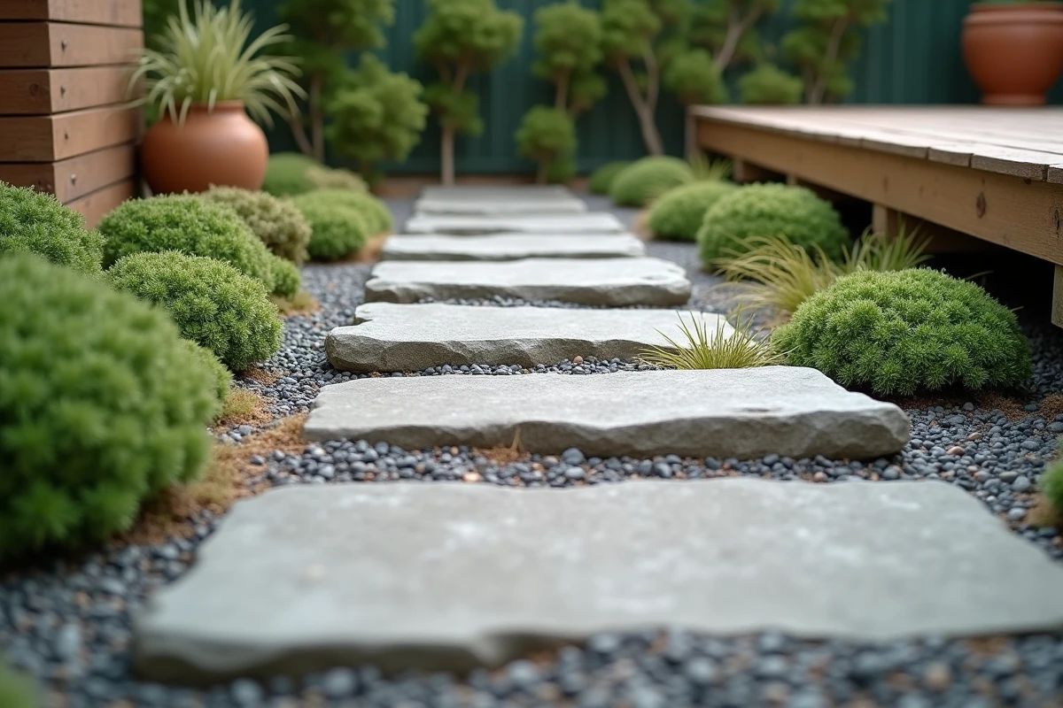 Gros plan sur un pas japonais en pierre plate entouré de gravier fin et de mousse dans un jardin résidentiel aménagé