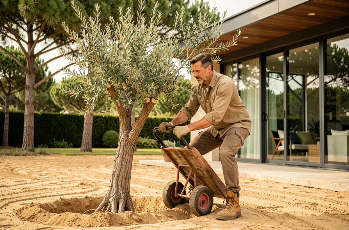 Paysagiste des Paysages du Sud-Ouest transplantant un olivier ornemental dans un jardin des Landes