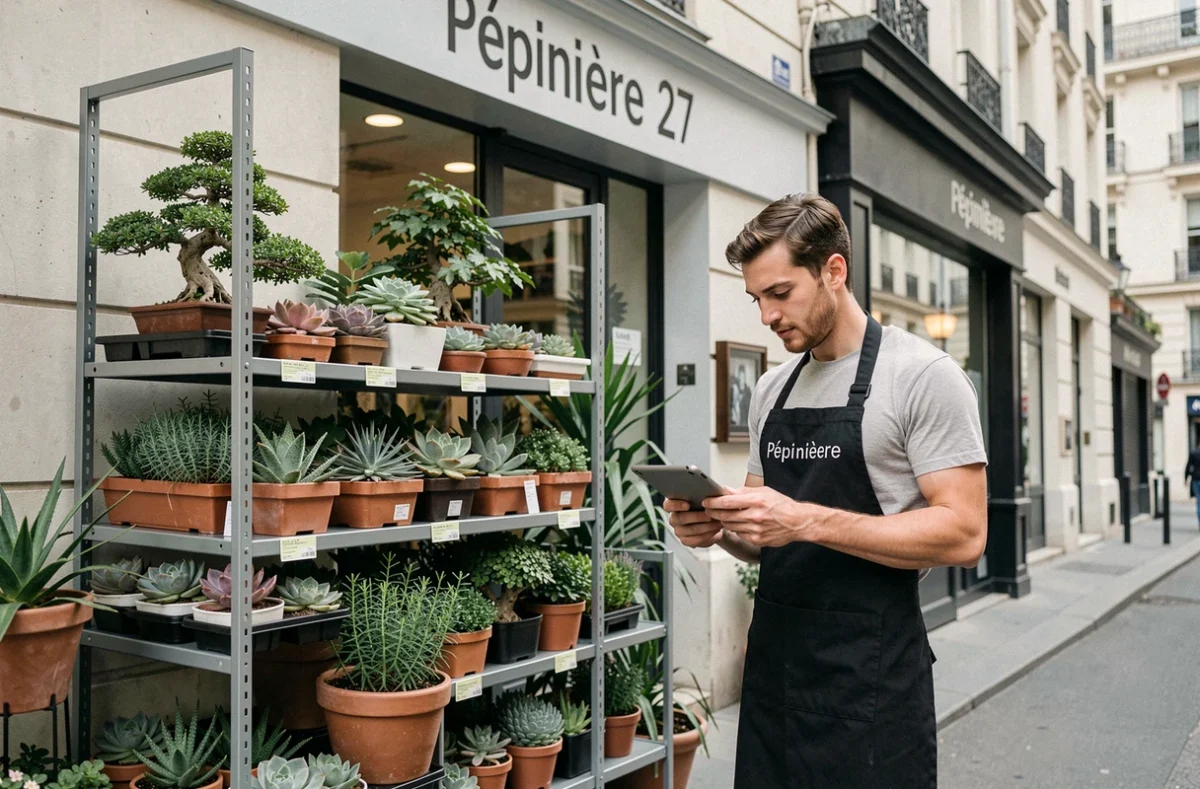 La pépinière 27 à Paris avec son assortiment de succulentes, bonsaïs et plantes de jardin en vitrine