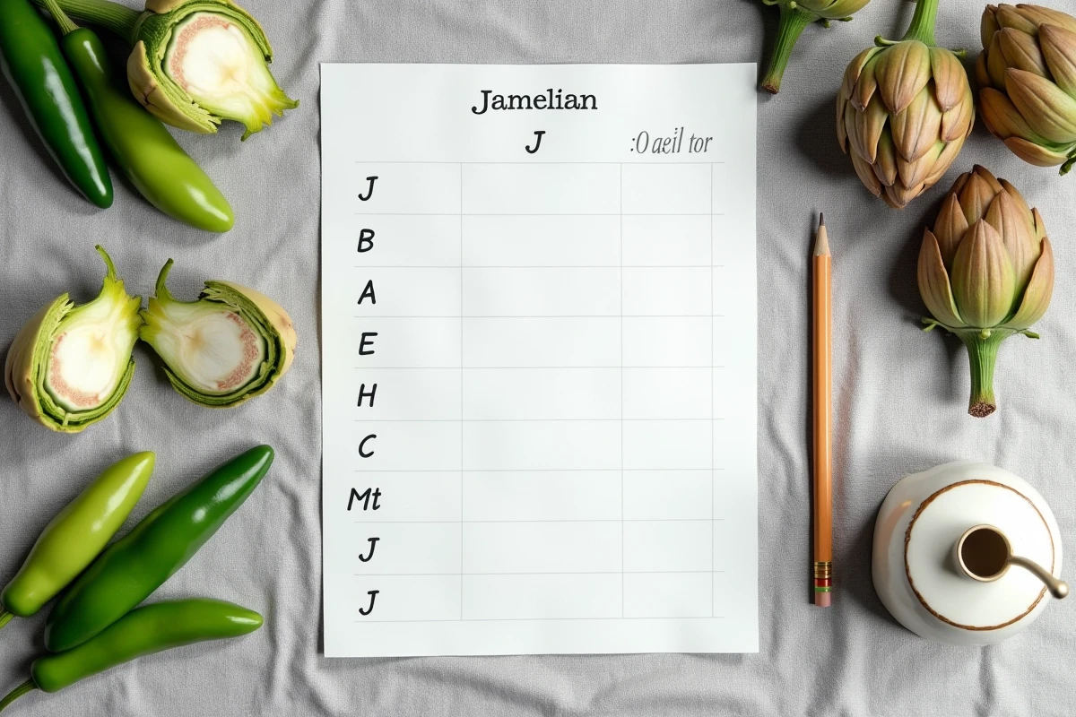 Vue aérienne d'une feuille de Petit Bac avec la colonne J entourée de légumes frais comme le jalapeño et le topinambour
