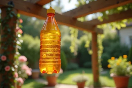 Piège à frelon réutilisable suspendu à une pergola en bois dans un jardin, avec des détails de construction et du liquide attractif visible à l'intérieur