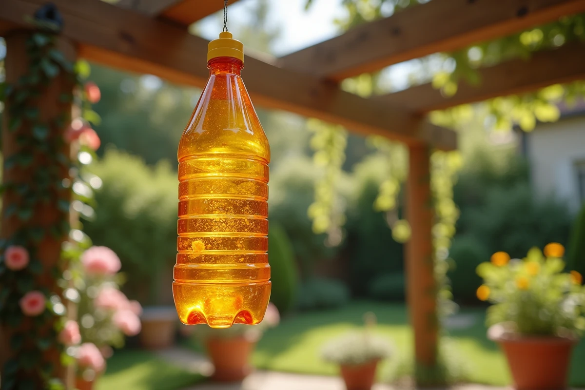 Piège à frelon réutilisable suspendu à une pergola en bois dans un jardin, avec des détails de construction et du liquide attractif visible à l'intérieur