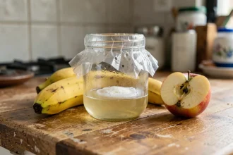 Piège à moucherons artisanal fait maison avec un bocal en verre, du vinaigre de cidre et un film plastique perforé posé sur un plan de travail en bois avec des fruits mûrs