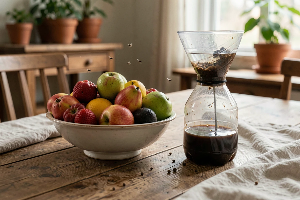 Coupe de fruits trop mûrs entourée de moucherons avec un piège artisanal en bouteille plastique posé sur une table en bois dans une cuisine familiale