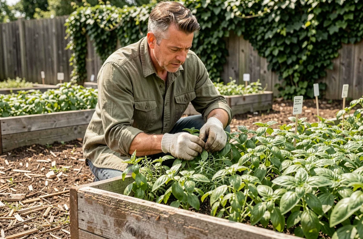 Jardinier pinçant les boutons floraux d'un plant de basilic en pleine terre dans un potager surélevé en bois