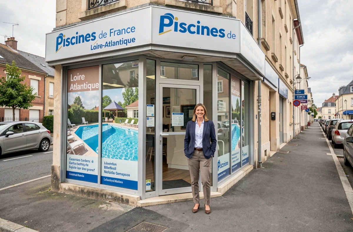 Agence Piscines de France en Loire-Atlantique avec façade commerciale et conseillère à l'entrée