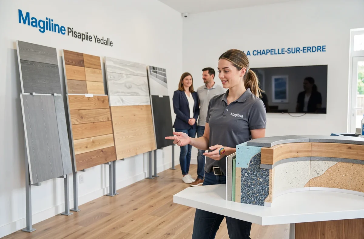 Spécialiste Piscines Magiline à La Chapelle-sur-Erdre présentant le système de panneaux à des clients en showroom