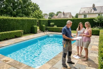 Pisciniste professionnel en Loire-Atlantique présentant une piscine résidentielle à des propriétaires dans leur jardin