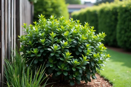 Pittosporum tenuifolium Kohuhu adulte dans un jardin tempéré, montrant sa croissance verticale dense et ses feuilles vert foncé aux tiges noires caractéristiques
