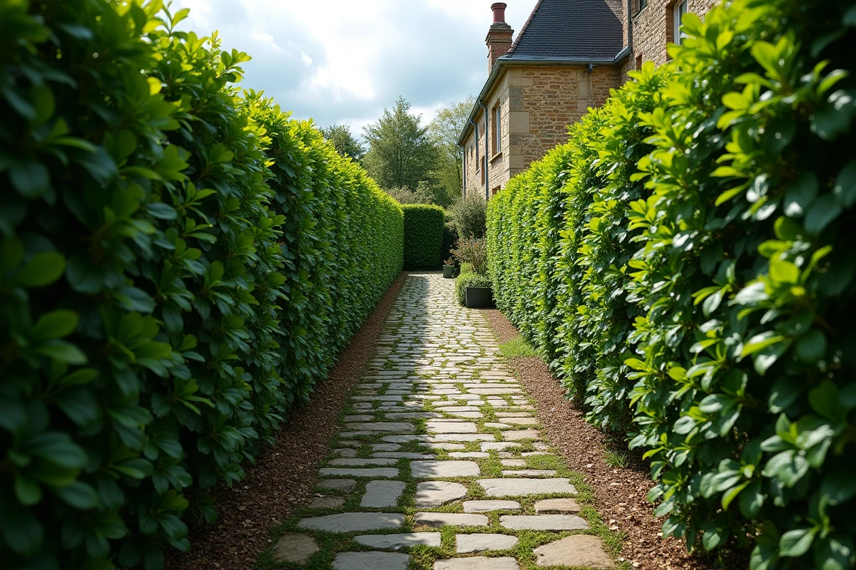 Haie de Pittosporum Kohuhu taillée le long d'un chemin en pierre dans un jardin rural français, démontrant son potentiel comme clôture végétale dense à croissance rapide