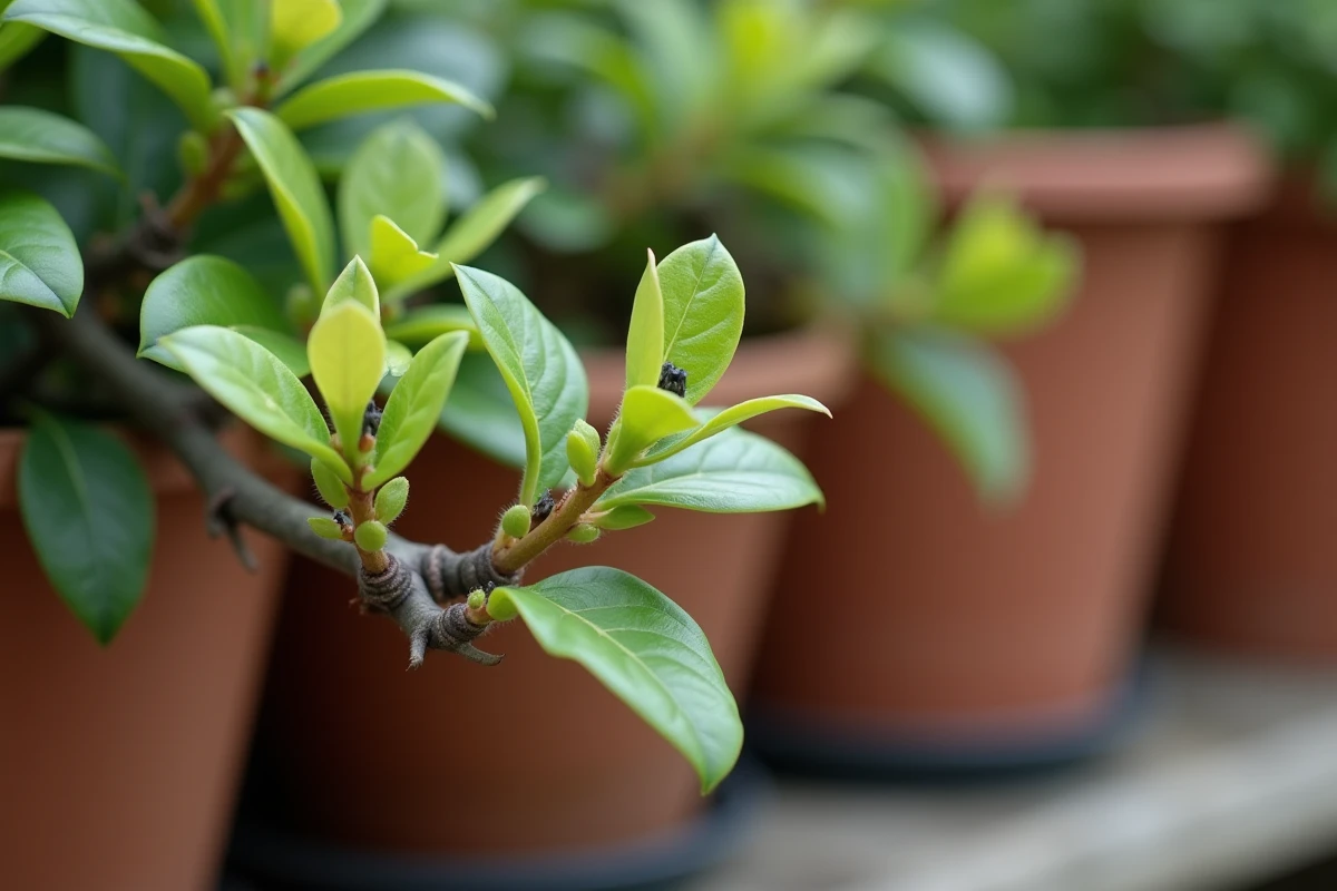 Gros plan sur les jeunes pousses et tiges noires du Pittosporum Kohuhu en nurserie, illustrant le rythme de croissance des nouvelles feuilles