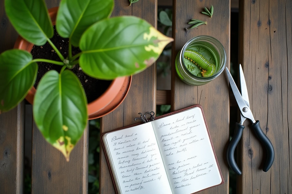 Vue de dessus d'un plant attaqué par des chenilles vertes avec outils de jardinage et notes d'identification