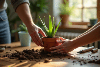 Main plantant un aloe vera dans un pot en terre cuite