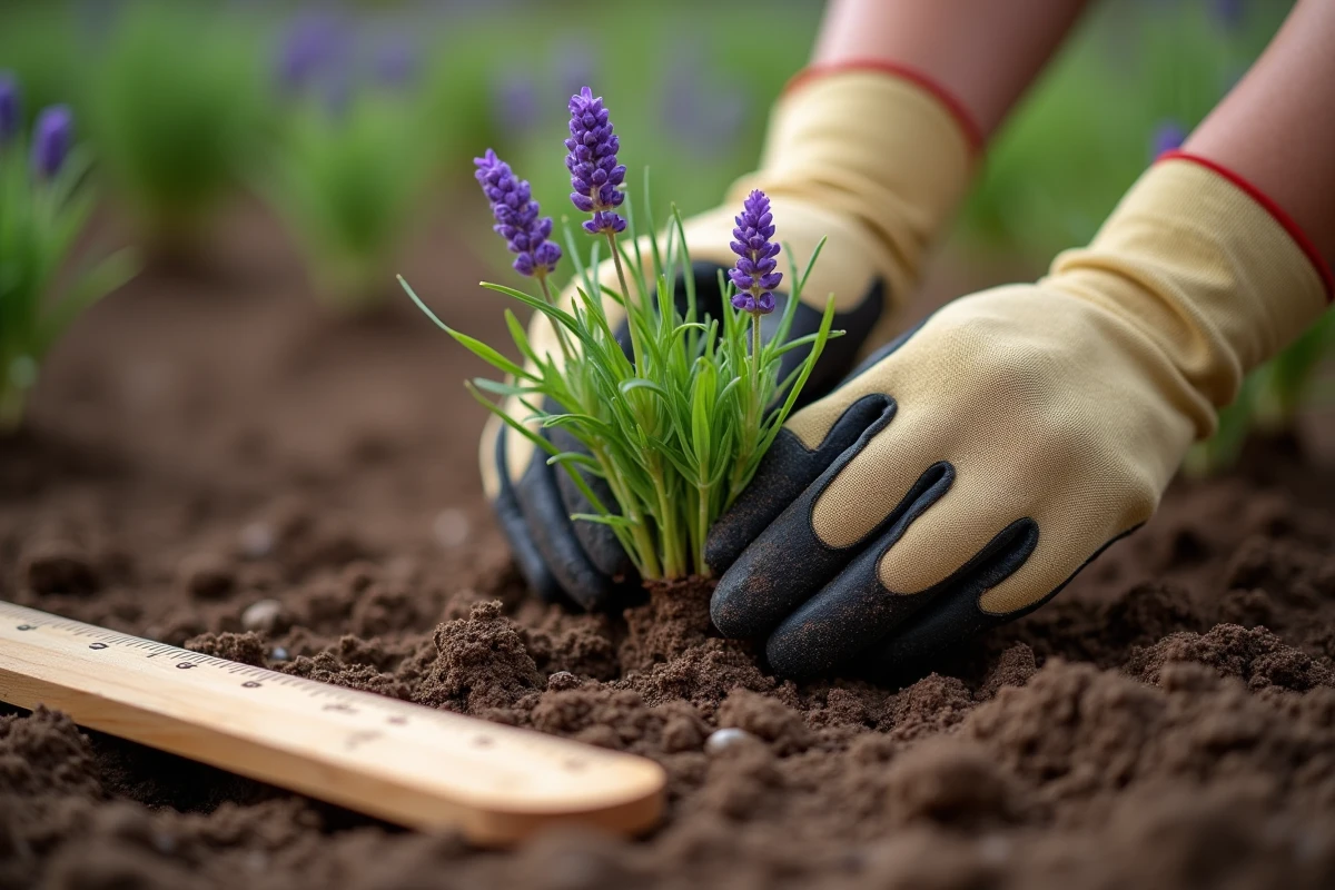 Jardininier plantant un plant de lavande dans le sol avec une règle en bois pour respecter l'espacement recommandé