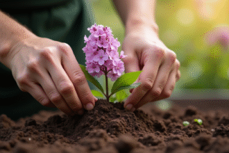 Mains plantant un lilas dans un sol riche en plein air