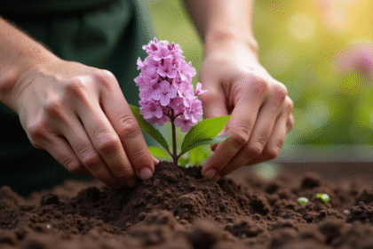 Mains plantant un lilas dans un sol riche en plein air